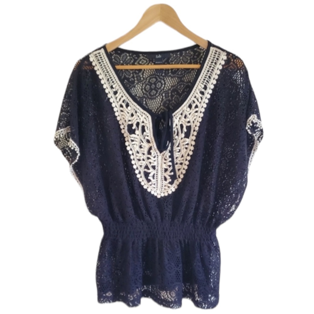 RAIN black crochet beaded elastic waist beachy cover up or top SM